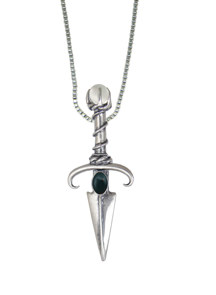 Sterling Silver Black Prince's Knife Dagger Pendant With Bloodstone